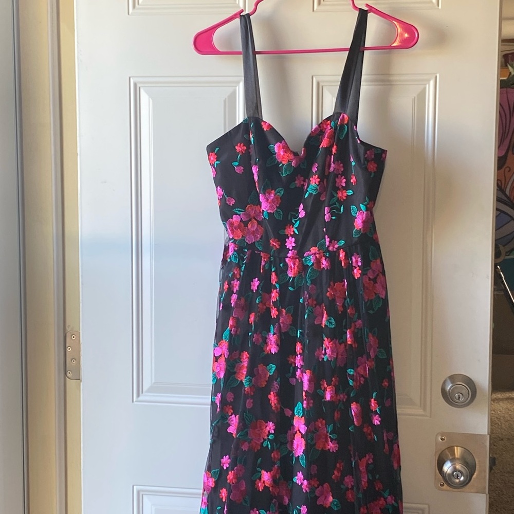 Black prom dress with pink flowers